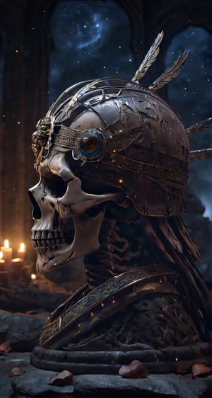 Translucent broken imperial warrior skull, front view ,eternity in eye socket  ,(intricate detail), (super detailed), 8k hdr, high detailed, soft cinematic lighting, dramatic atmosphere, atmospheric perspective,torch lighting,ray tracing,starry universe background, the pain of a relationship that has ended, but despite this, feelings of love and attachment still persist, difficulty in letting go of someone you still love, even when the relationship seems to have come to an end, despite difficulties and separation, feelings of love have not diminished, emotions, from sadness and pain to hope and nostalgia,dark academia,night_view_background