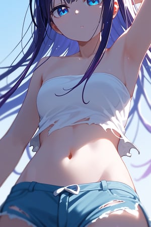 score_9,score_8_up, torso focus, body focus, body close up, depth of field, close up, ripped clothes, bandeau, midriff, armpits, shorts, soft skin, (smooth skin), pale skin, chiaroscuro lighting, dynamic angle,Kanna_Kamui, 