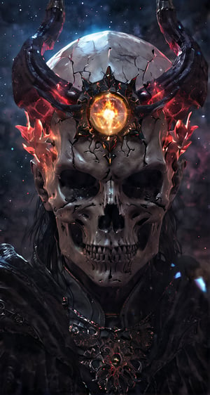 Translucent broken demon lord skull, front view ,eternity in eye socket  ,(intricate detail), (super detailed), 8k hdr, high detailed, soft cinematic lighting, dramatic atmosphere, atmospheric perspective,torch lighting,ray tracing,starry universe background, the pain of a relationship that has ended, but despite this, feelings of love and attachment still persist, difficulty in letting go of someone you still love, even when the relationship seems to have come to an end, despite difficulties and separation, feelings of love have not diminished, emotions, from sadness and pain to hope and nostalgia,dark academia,night_view_background