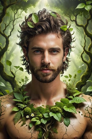 a handsome  geomancer with geomancing powers of the earth element, featuring (short mossy hair with a soft appearance), set in a overgrown, lush setting. Emphasize (((intricate details))), (((highest quality))), (((extreme detail quality))), and a (((captivating solid composition))). Use a palette of earth-toned colours, (((anatomically correct))), masculine handsome facial features, stubble, powerful toned physique ((meditating to store up his earth power)), magically sprouting plants from his perfect hands, full body shot, (((realistic flawless skin texture))), natural dramatic lighting, sun rays leaking thhrough the tree tops, ultrarealistic, earth manipulation powers, overgrown fantasy realism, magical plant powers, green energy, composed of elements of earth, plants, strong vines, growning energy, earth element, drath