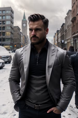 A man, wearing a blazer, in the winter, in a sad city, looking up at the sky as snow is falling,jaeggernawt