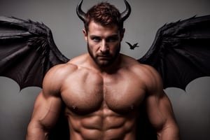 solo, looking at viewer, short hair, dark red hair, 1boy, upper body, male focus, wings, horns, pointy ears, demonic skin, muscular, facial hair, pectorals, muscular male, demon horns, bara, demon wings, beard, black wings, mature male, realistic, demon, chest hair,handsome male,fantasy,nodf_lora,hairy,(MkmCut),Sexy Muscular