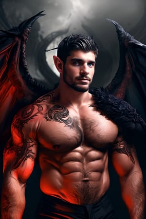 solo, looking at viewer, short hair, red-tipped black ombre hair, 1boy, upper body, male focus, wings, horns, pointy ears, demonic skin, muscular, facial hair, pectorals, muscular male, demon horns, bara, demon wings, beard, black wings, mature male, realistic, demon, chest hair,dom_suyo,handsome male,fantasy,DonMD3m0nV31ns