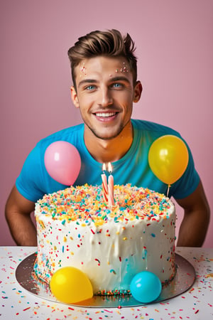 A stunningly photograph, shot in 8K resolution with ultrarealistic detail, ((a happy and handsome young man in his 20s emerges out from the inside of a life-sized birthday cake:1.5). His bright blue eyes sparkle with excitement, his perfect facial features illuminated by dynamic party lighting. (Chunks of cake and cake frosting splattered all over his muscular body:1.5). highly detailed, high-contrast, sharp focus. Shot with a 64-megapixel DSLR camera, this HDR and RAW image bursts with candy-colored vibrancy, set against a volumetric atmosphere 