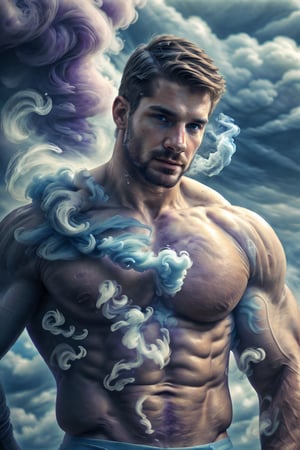 A handsome air elemental with air manipulation abilitites, featuring (short blown hair with a soft appearance), set in a sky,  heavenly setting. Emphasize (((intricate details))), (((highest quality))), (((extreme detail quality))), and a (((captivating cloudy composition))) Use a palette of cool-toned colours, (((anatomically correct))), masculine handsome facial features, stubble, powerful toned physique, ((manipualting smoke everywhere, smoke swirling around his body)), purple smoke swirling aorund him, 2/3 body shot, (((realistic soft skin texture))), natural dramatic lighting, sun rays leaking through pink clouds,  ultrarealistic, air manipulation powers, cloud fantasy realism, magical wind powers, white energy,  composed of elements of air, rainbow, jetstreams, flowing energy, air element,  handsome male,  Portrait,  Man, ,blue-smoke,DonMW1nd