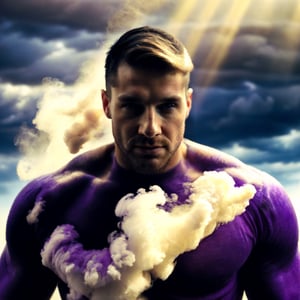 A handsome smokemancer with air manipulation abilitites, featuring (short blown hair with a soft appearance), set in a sky setting. Emphasize (((intricate details))), (((highest quality))), (((extreme detail quality))), and a (((captivating cloudy composition))) Use a palette of bright colours, (((anatomically correct))), masculine handsome facial features, stubble, (shirtless), powerful aeromancer, purple smoke swirling aorund him, 2/3 body shot, (((realistic soft skin texture))), bright dramatic lighting, sun rays leaking through pink clouds, ultrarealistic, air manipulation powers, smoke everywwhere, fantasy realism, magical wind powers, smoke energy, composed of elements of air, rainbow light, jetstreams, flowing energy, air element, handsome male, Portrait, Man, white-smoke, DonMW1nd,