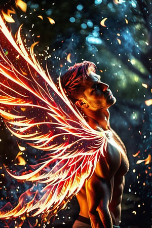 (photorealistic, masterpiece:1.5), best quality, beautiful lighting, realistic, real image, intricate details, depth of field, full body shot,1man, male focus, solo, extremely handsome, muscular, bara, male underwear, underwear bulge, muscular man, (male fairy), (bright red flaming fairy wings), abs, nipples, pectorals, (big beautiful burning red fairy wings), flexing, topless male, navel, short firey  colored hair, large pectorals, male, biceps, fiery garden, embers everywhere, exterior, stomach, anatomically correct, realistic fire, flaming hot body, beautiful ethereal lighting, photorealistic (medium), 8k uhd, film grain, ((bokeh)), Cinematic Shot,DonMF41ryW1ng5XL,Mxl,glitter,Movie Still,fire element,DonM3l3m3nt4lXL,LegendDarkFantasy,Flat vector art, cinematic moviemaker style