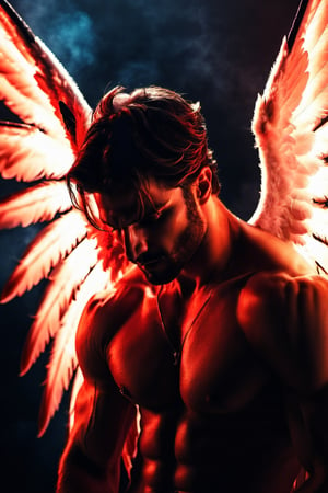 masterpiece, bestquality,  photorealistic, 2men, intimately embracing in each other arms, (muscular male incubus with dark red horns), (slim toned boy angel with breathtaking angel wings), beautiful contrasting, intricate details, good and evil,  demon versus angel, light and dark, fantasy characters, homoerotic, gay love, dark romantic fantasy, twilight atmospheric glow, Magical Fantasy style, male, men, fantasy00d, Sexy Muscular, Realism, handsome male, realistic,Movie Still,male,cinematic  moviemaker style