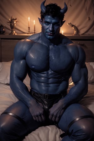 Cinematic film still, 8k resolution, ultrarealistic, (HDR, RAW, DSLR:1), (handsome, sexy blue male demon:1.5), blue muscular_body, (((realistic skin texture))), stubble, ((blue devil horns:1)), intricate eyes, (evil smirk), handsome masculine facial features, short hair, (black leather harness, underwear), (homoeroticism), (sitting on your bed wanting you to join him:1.5), (anatomically correct:1), flickering candle lighting, cinematic atmosphere, high contrast, sharp focus, dom_suyo,Portrait,tiefling,handsome male,1boy