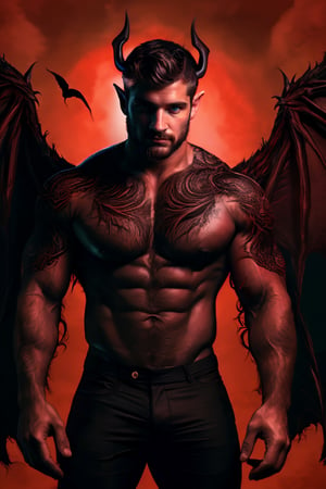 solo, looking at viewer, short hair, red-tipped black ombre hair, 1boy, upper body, male focus, wings, horns, pointy ears, demonic skin, muscular, facial hair, pectorals, muscular male, demon horns, bara, demon wings, beard, black wings, mature male, realistic, demon, chest hair,dom_suyo,handsome male,fantasy,DonMD3m0nV31ns