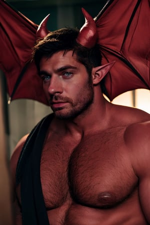 solo, looking at viewer, short hair, dark red hair, 1boy, upper body, male focus, wings, horns, pointy ears, demonic skin, muscular, facial hair, pectorals, muscular male, demon horns, bara, demon wings, beard, black wings, mature male, realistic, demon, chest hair,dom_suyo,handsome male,fantasy,DonMD3m0nV31ns