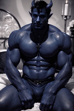 Cinematic film still, 8k resolution, ultrarealistic, (HDR, RAW, DSLR:1), (handsome, sexy blue male demon:1.5), blue muscular_body, (((realistic skin texture))), stubble, ((blue devil horns:1)), intricate eyes, (evil smirk), handsome masculine facial features, short hair, (black leather harness, underwear), (homoeroticism), (sitting on your bed wanting you to join him:1.5), (anatomically correct:1), flickering candle lighting, cinematic atmosphere, high contrast, sharp focus, dom_suyo,Portrait,tiefling,handsome male,1boy