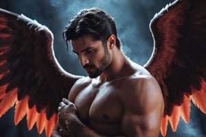 masterpiece, bestquality, photorealistic, two muscular men embracing in each other arms,  (muscular male incubus with dark red horns), (celestial god-like male angel with breathtaking angel wings), beautiful contrasting, intricate details, good and evil, demon versus angel, light and dark, fantasy characters, homoerotic, gay love, dark romantic fantasy, twilight atmospheric glow, Magical Fantasy style, male, man, fantasy00d, Sexy Muscular, Realism, handsome male, realistic, Movie Still, male, cinematic movie maker style, monster, disney style, 3D, AngelicStyle
