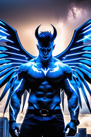 Professional photography, 8k resolution, ultrarealistic, (HDR, RAW, DSLR:1), (extremely handsome, gay Male storm demon:1.5), (big demon wings:1.5), muscular_body, realistic blue skin texture, ear piercing, stubble, intricately detailed, (sitting, waiting for you on the rooftop of a skyscraper:1), cinematic severe thunderstorm, (bolts of elecetricity shocks his sexy muscular body:1.5), demon horns, glowing electric eyes, (cocky devilish smile), (homoeroticism), handsome masculine facial features, short dark-blue hair, the severe storm has him wanting to play with you, white bolts of lightning surrounds the scene, (leather underewear, crotch_bulge), dyanamic lighting, (anatomically correct), volumetric atmosphere, high contrast, sharp focus, electricity, lighting trails, dom_suyo,wings,Handsome boy,meliodas_nanatsu_no_taizai,DonMD3m0nXL ,DonMK3yH0l3XL,sweetscape,anepicboy,Energy light particle mecha,monster,LegendDarkFantasy