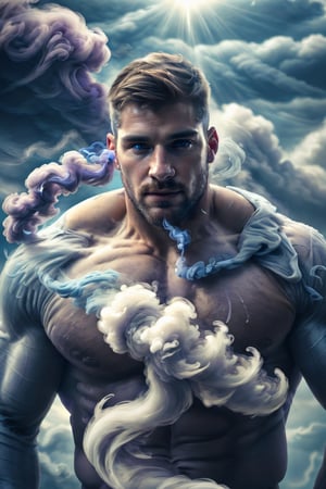 A handsome air elemental with air manipulation abilitites, featuring (short blown hair with a soft appearance), set in a sky,  smokey setting. Emphasize (((intricate details))), (((highest quality))), (((extreme detail quality))), and a (((captivating cloudy composition))) Use a palette of cool-toned colours, (((anatomically correct))), masculine handsome facial features, stubble, powerful toned physique, ((smoke everywhere, smoke swirling around his body)), purple smoke swirling aorund him, 2/3 body shot, (((realistic soft skin texture))), natural dramatic lighting, sun rays leaking through pink clouds,  ultrarealistic, air manipulation powers, smoke everywwhere, fantasy realism, magical wind powers, white energy,  composed of elements of air, rainbow, jetstreams, flowing energy, air element,  handsome male,  Portrait,  Man, ,blue-smoke,DonMW1nd