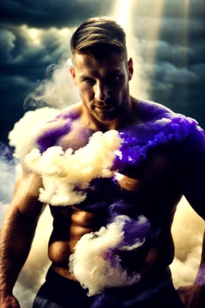 A handsome smokemancer with air manipulation abilitites, featuring (short blown hair with a soft appearance), set in a sky,  smokey setting. Emphasize (((intricate details))), (((highest quality))), (((extreme detail quality))), and a (((captivating cloudy composition))) Use a palette of cool-toned colours, (((anatomically correct))), masculine handsome facial features, stubble, shirtless, powerful toned physique, purple smoke swirling aorund him, 2/3 body shot, (((realistic soft skin texture))), bright dramatic lighting, sun rays leaking through pink clouds, ultrarealistic, air manipulation powers, smoke everywwhere, fantasy realism, magical wind powers, smoke energy, composed of elements of air, rainbow light, jetstreams, flowing energy, air element, handsome male, Portrait, Man, white-smoke, DonMW1nd,DonMW1nd