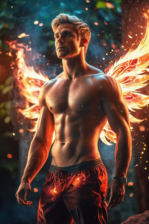 (photorealistic, masterpiece:1.5), best quality, beautiful lighting, realistic, real image, intricate details, depth of field, full body shot,1man, male focus, solo, extremely handsome, muscular, bara, male underwear, underwear bulge, muscular man, (male fairy), (bright red flaming fairy wings), abs, nipples, pectorals, (big beautiful burning red fairy wings), flexing, topless male, navel, short firey  colored hair, large pectorals, male, biceps, fiery garden, embers everywhere, exterior, stomach, anatomically correct, realistic fire, flaming hot body, beautiful ethereal lighting, photorealistic (medium), 8k uhd, film grain, ((bokeh)), Cinematic Shot,DonMF41ryW1ng5XL,Mxl,glitter,Movie Still,fire element,DonM3l3m3nt4lXL,LegendDarkFantasy,Flat vector art, cinematic moviemaker style