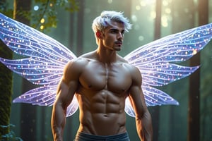 (photorealistic, masterpiece:1.5), best quality, beautiful lighting, realistic, real image, intricate details, depth of field, full body shot,1man, male focus, solo, extremely handsome, muscular, bara, (male underwear, underwear bulge:1), muscular man, (male fairy:1.5), (beautiful white wispy fairy wings:1), abs, nipples, pectorals, (big beautiful wispy white colored fairy wings:1), flexing, topless male, navel, short white hair, large pectorals, male, biceps, foggy atmospheric forest, crisp clear morning, sparkling dew drops everywhere, exterior, stomach, anatomically correct, realistic fog, hot body, beautiful epic dyanmic lighting, photorealistic (medium), 8k uhd, film grain, ((bokeh)), cinematic moviemaker style,Mxl,DonMV01dfm4g1c3XL ,coocolor,Handsome boy,Movie Still