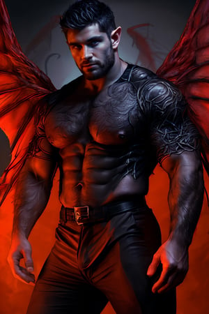 solo, looking at viewer, short hair, red-tipped black ombre hair, 1boy, upper body, male focus, wings, horns, pointy ears, demonic skin, muscular, facial hair, pectorals, muscular male, demon horns, bara, demon wings, beard, black wings, mature male, realistic, demon, chest hair,dom_suyo,handsome male,fantasy,DonMD3m0nV31ns