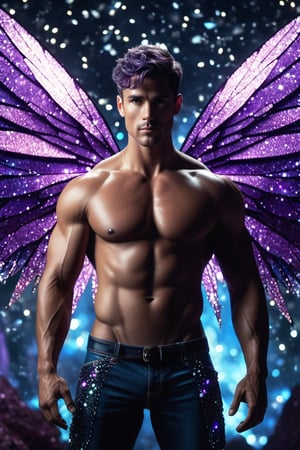 (photorealistic, masterpiece:1.5), best quality, beautiful lighting, realistic, real image, intricate details, depth of field, full body shot,1man, male focus, solo, extremely handsome, muscular, bara, male underwear, underwear bulge, muscular man, (male fairy), (bright violet crystallized fairy wings), abs, nipples, pectorals, (big beautiful violet colored fairy wings), flexing, topless male, navel, short dark purple hair, large pectorals, male, biceps, amysthest gemstone cavern, sparkling particles everywhere, exterior, stomach, anatomically correct, realistic crystals, hot body, beautiful epic dyanmic lighting, photorealistic (medium), 8k uhd, film grain, ((bokeh)), Cinematic Shot, DonMF41ryW1ng5XL, Mxl, Movie Still, cinematic moviemaker style,photo r3al,c1bo,Flora