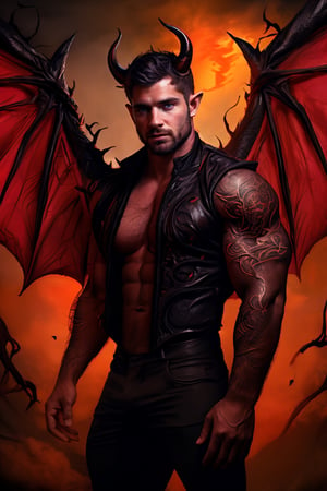 solo, looking at viewer, short hair, red-tipped black ombre hair, 1boy, upper body, male focus, wings, horns, pointy ears, demonic skin, muscular, facial hair, pectorals, muscular male, demon horns, bara, demon wings, beard, black wings, mature male, realistic, demon, chest hair,dom_suyo,handsome male,fantasy,DonMD3m0nV31ns