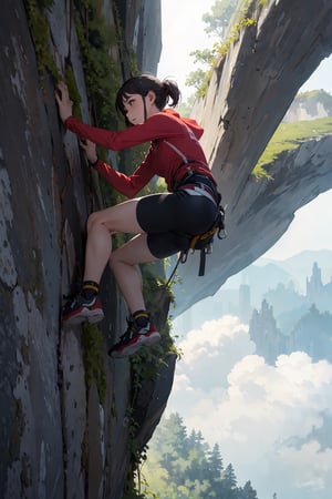 Woman in climbing clothes climbing a cliff,
