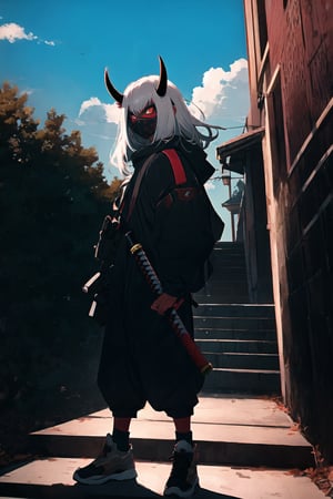 masterpiece, best quality, 1man, wear oni mask,scary face, long hair, white hair, tree, stairs, standing, streetwear outfit, sky, temple, looking at viewer, full body, bring katana, looking side,weapon