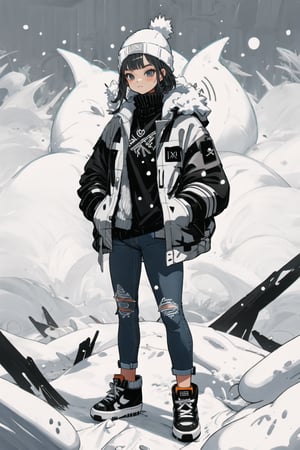  beizu style, Girl, winter, stylish jacket, knitted hat, jeans, sneakers, it's snowing