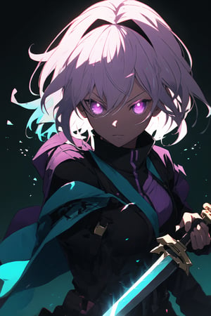 colorful, 1girl, white hair, purple eyes, dual wielding, sword, holding sword, blue flames, glow, glowing weapon, light particles, wallpaper, chromatic aberration,