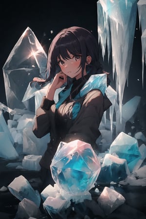 The girl has ice magic, ice style, her hand is covered with ice