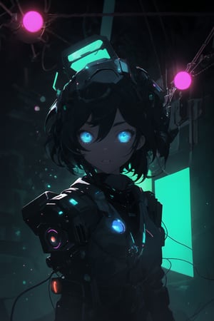 (masterpiece:1.4), (best qualit:1.4), (high resolution:1.4), cowboy shot,1 robot girl,short black hair,bright blue eyes,cyberpunk wire attached to her body, transparent neon in eyes, blue light neon in eyes, metal parts and wire attached to her body, multiple pc, dramatic shadows, dynamic angle, cinematic camera, dynamic pose, dramatic angle, depth of field, glow_ blue_ particle, water particles, chromatic aberration,