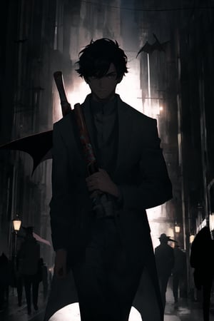 Man, stylish clothes, bat in hand