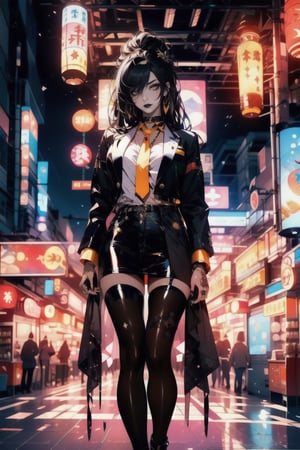 very_long_hair,black hair,black_eyeliner,black_eyeshadow,black_tattoos,black_lipstick,yellow_eyes,bar,blazer,black_tie,full_body,anime,lush_lips, naked, nude, ,FUJI,midjourney