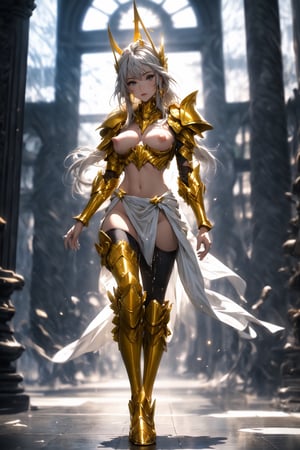 absurdres, highres, ultra detailed,Insane detail in face, (girl:1.3), Gold Saint, Saint Seiya Style, paint splatter, expressive drips, random patterns, bold colors, dynamic texture, spontaneous creativity, shining Gold Armor, Full body armor, no helmet, Zodiac Knights, White long cape, grey hair, grey eyes, gold gloves, long hair, floating_hair, full body armor, beautiful old greek temple in the background, beautiful fields, insane detail full leg armor, god aura, Elysium fields, insane detail in armor, glowing, naked, boobs out, (small breasts), nipples, erect nipples, hairy_pussy, ,monochrome,FUJI,midjourney, naked,Film(/FUJI/) naked, beautiful breasts