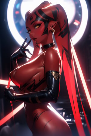 masterpiece, best quality, highres, 1girl,  yellow eyes, black choker, black collar, detached sleeves, long sleeves, gloves, black gloves, elbow gloves,  ((perfect breasts)), ((naked)), nude, ,FUJI,midjourney, glowing eyes),DarthTalon