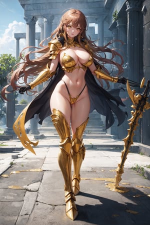 absurdres, highres, ultra detailed,Insane detail in face,  (girl:1.3), Gold Saint, Saint Seiya Style, paint splatter, expressive drips, random patterns, bold colors, dynamic texture, spontaneous creativity, shining Gold Armor, Full body armor, no helmet, Zodiac Knights, White long cape, brown hair, Yellow eyes, gold gloves, long hair, floating_hair, full body armor, beautiful old greek temple in the background, beautiful fields, insane detail full leg armor, god aura, Elysium fields, insane detail in armor, glowing, naked, boobs out, (perfect breasts), nipples, erect nipples