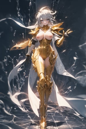 absurdres, highres, ultra detailed,Insane detail in face,  (girl:1.3), Gold Saint, Saint Seiya Style, paint splatter, expressive drips, random patterns, bold colors, dynamic texture, spontaneous creativity, shining Gold Armor, Full body armor, no helmet, Zodiac Knights, White long cape, blue hair, blue eyes, gold gloves, long hair, floating_hair, full body armor, beautiful old greek temple in the background, beautiful fields, insane detail full leg armor, god aura, Elysium fields, insane detail in armor, glowing, naked, boobs out, (perfect breasts), nipples, erect nipples, hairy_pussy, ,monochrome,FUJI,midjourney, naked, seductive pose,GI Lynette