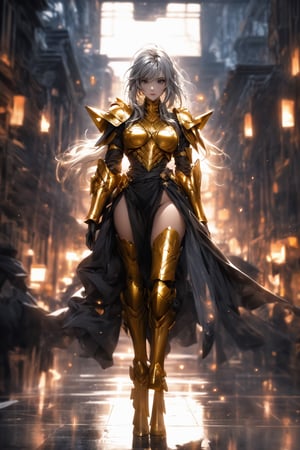 absurdres, highres, ultra detailed,Insane detail in face, (girl:1.3), Gold Saint, Saint Seiya Style, paint splatter, expressive drips, random patterns, bold colors, dynamic texture, spontaneous creativity, shining Gold Armor, Full body armor, no helmet, Zodiac Knights, White long cape, grey hair, grey eyes, gold gloves, long hair, floating_hair, full body armor, beautiful old greek temple in the background, beautiful fields, insane detail full leg armor, god aura, Elysium fields, insane detail in armor, glowing, naked, boobs out, (small breasts), nipples, erect nipples, hairy_pussy, ,monochrome,FUJI,midjourney, naked,Film(/FUJI/) naked, beautiful breasts