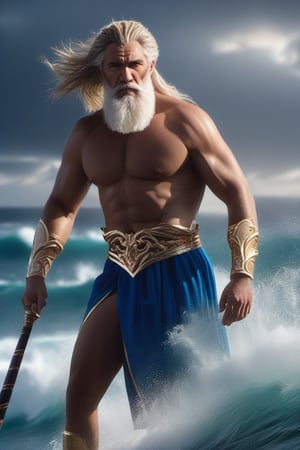 (((hyper realistic face)))(((extreme realistic skin detail))) (face with detailed shadows) (masterpiece, highest quality), (realistic, photo_realistic:1.9), ((Photoshoot)), The God Poseidon, a muscular and tanned 60-year-old man, stands holding a golden trident with one arm. His penetrating blue eyes reflect a severe and serious gaze. His long and grayish hair and long gray beard give him an imposing appearance. He wears ancient Greek clothing in blue and gold tones. The photograph captures a majestic seascape with (((powerful waves breaking on a rocky coast and a cloudy and stormy sky))). The waves break on an ancient Greek coast, and the scene is clear and detailed. A Nikon D850 camera with a telephoto lens (200 mm) was used to bring Poseidon closer and highlight his imposing figure and the golden trident. Dramatic lateral lighting creates strong contrasts, highlighting the details and creating an epic and mysterious ambiance. sharp focus, 8k, UHD, high quality, frowning, intricate detailed, highly detailed, hyper-realistic