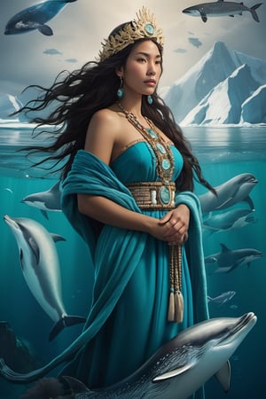 Detailed and realistic portrait of the Goddess Sedna, an Inuit traditional clothes, a central figure in Inuit mythology, looking in front of the camera, reflecting her role as the goddess of the sea and marine life. The image is to show Sedna at the bottom of the ocean, surrounded by sea creatures such as whales, seals and fish, symbolizing her control over marine resources. Sedna must be represented as an Inuit woman, with authentic features and traditional clothing adorned with fur and Inuit details. Her hair should blend into the surrounding waters, and her hands should hold a sea comb, symbolizing her ability to control marine life. The seabed should be picturesque, with cold tones that reflect the arctic environment. Lighting should highlight the beauty and mystery of the deep ocean. The color palette should include shades of blue, green and white to convey the feeling of being underwater. The image must be high resolution and have a realistic style that honors the rich Inuit mythology and their relationship with the sea. 