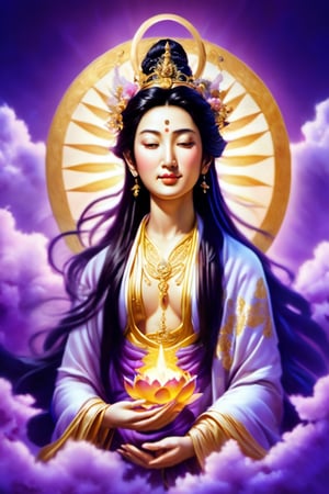 portrait of the goddess Kwan Yin, in full color, hyperdetailed, hyperrealistic, 4K, in the background a bright light that indicates divinity, purple color, clouds in the sky, his face reflects happiness, fulfillment, and serenity, eyes open