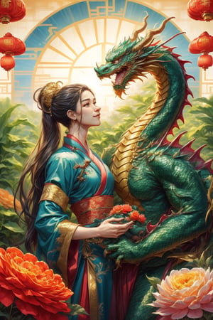 masterpiece, beautiful lighting, best quality, beautiful lighting, perfect focus, 2 dragon, 1 couple, holding a traditional Chinese dragon, artic focus, perfect faces, portrait of a Chinese xianxia style meat pie couple, it's from China, they are handsome, they have a tender and pleasant smile. They are mature, they are about 30 years old, they are beautiful, they are elegant, they are a prince, they wear royal clothes in pastel and gold tones, they have Asian brown eyes, they wear a hanfu with dragon decorations, traditional clothes in red and gold tones, they wear jewelry China, the man is masculine, has long hair, the woman is feminine and has a traditional Chinese hairstyle. holds a Chinese fan, a Chinese lamp, has a fan, the man has Chinese dragon tattoos, is immortal, xianxia man hairstyle, wears xianxia makeup and has Wei Jin man style, beautiful Chinese background with flowers and plants, with a dragon dominating the scene from the background, behind the couple, he is with a Chinese dragon, a cute dragon is on his shoulder, dragon background, HD, 8K, photorealism, hyper detailed, hyper realism.