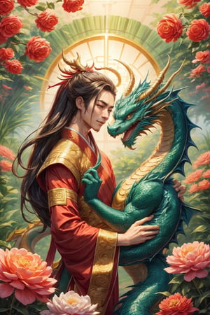 masterpiece, beautiful lighting, best quality, beautiful lighting, perfect focus, 2 dragon, 1 couple, holding a traditional Chinese dragon, artic focus, perfect faces, portrait of a Chinese xianxia style meat pie couple, it's from China, they are handsome, they have a tender and pleasant smile. They are mature, they are about 30 years old, they are beautiful, they are elegant, they are a prince, they wear royal clothes in pastel and gold tones, they have Asian brown eyes, they wear a hanfu with dragon decorations, traditional clothes in red and gold tones, they wear jewelry China, the man is masculine, has long hair, the woman is feminine and has a traditional Chinese hairstyle. holds a Chinese fan, a Chinese lamp, has a fan, the man has Chinese dragon tattoos, is immortal, xianxia man hairstyle, wears xianxia makeup and has Wei Jin man style, beautiful Chinese background with flowers and plants, with a dragon dominating the scene, he is with a Chinese dragon, a cute dragon is on his shoulder, dragon background, HD, 8K, photorealism, hyper detailed, hyper realism.