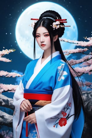 God Tsukuyomi, ((a man:2.0)), ((god of the moon)), beautiful man, with a serene face, Japanese anime-type features, (straight black Japanese-type hair), (black hair), white skin, fine features, black eyes with round pupils,((Front posture looking at the camera)). ((Traditional costume of the Japanese god Tsukuyomi)), colorful, white, blue, silver, violet, gold. In the background, a ((mythical Japanese setting)), (((cherry trees, bamboo, a mythical and traditional Japanese forest))), ((a Japanese temple of the god Tsukuyomi)), ((in the night sky a full moon:2.0)), white and bright, with white and blue neon lights. Bamboo in some areas of the image, (((a mythical Japanese setting:2.0))), full color. With a lot of detail. realistic, stunning realistic photograph, gentle sunlight, stunning realistic photograph, 3d render, octane render, intricately detailed, cinematic, trending on artstation, Isometric, Centered hyper ealistic cover photo, awesome full color, hand drawn, dark, gritty, mucha, klimt , erte 128k, high definition, cinematic, neoprene, be chance contest winner, portrait featured on unsplash, stylized digital art, smooth, ultra high definition ,The most modern camera today fujifilm gfx 100s, 84k, unreal engine 5, ultra sharp focus, intricate artwork masterpiece, ominous, epic, TanvirTamim, trending on artstation, by artgerm, giger and beksinski, highly detailed, vibrant.