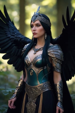 (((hyper realistic face))) (((extreme realistic skin detail))) Celtic goddess Morrigan, Celtic Goddess Morrigan, full body, Celtic armor, Celtic goddess of death and destruction, taking the form of a raven or crow. in a celtic forest. details that evoke the feeling of ancient Greece, illuminated by soft natural sunlight. sharp focus, 8k, UHD, high quality, frowning, intricate detailed, highly detailed, hyper-realistic,Leonardo Style