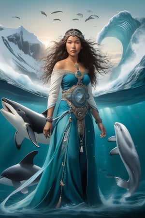Detailed and realistic portrait of the Goddess Sedna, an Inuit traditional clothes, a central figure in Inuit mythology, looking in front of the camera, reflecting her role as the goddess of the sea and marine life. The image is to show Sedna at the bottom of the ocean, surrounded by sea creatures such as whales, seals and fish, symbolizing her control over marine resources. Sedna must be represented as an Inuit woman, with authentic features and traditional clothing adorned with fur and Inuit details. Her hair should blend into the surrounding waters, and her hands should hold a sea comb, symbolizing her ability to control marine life. The seabed should be picturesque, with cold tones that reflect the arctic environment. Lighting should highlight the beauty and mystery of the deep ocean. The color palette should include shades of blue, green and white to convey the feeling of being underwater. The image must be high resolution and have a realistic style that honors the rich Inuit mythology and their relationship with the sea. 