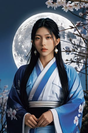 God Tsukuyomi, (a male god), (((a 29 year old man:2.0)), (((a man:2.0))), ((god of the moon)), beautiful man, with a serene face, Japanese anime-type features, (straight black Japanese-type hair), (black hair), white skin, fine features, black eyes with round pupils, ((Front posture looking at the camera)), (((long hair, black hair, straight hair, japanese hair))). ((Traditional costume of the Japanese god Tsukuyomi)), colorful, white, blue, silver, violet, gold. In the background, a ((mythical Japanese setting)), (((cherry trees, bamboo, a mythical and traditional Japanese forest))), ((a Japanese temple of the god Tsukuyomi)), ((in the night sky a full moon:2.0)), white and bright, with white and blue neon lights. Bamboo in some areas of the image, (((a mythical Japanese setting:2.0))), full color. With a lot of detail. realistic, stunning realistic photograph, gentle sunlight, stunning realistic photograph, 3d render, octane render, intricately detailed, cinematic, trending on artstation, Isometric, Centered hyper ealistic cover photo, awesome full color, hand drawn, dark, gritty, mucha, klimt , erte 128k, high definition, cinematic, neoprene, be chance contest winner, portrait featured on unsplash, stylized digital art, smooth, ultra high definition ,The most modern camera today fujifilm gfx 100s, 84k, unreal engine 5, ultra sharp focus, intricate artwork masterpiece, ominous, epic, TanvirTamim, trending on artstation, by artgerm, giger and beksinski, highly detailed, vibrant.