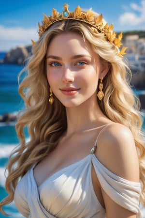 (((hyper realistic face)))(((extreme realistic skin detail))) A portrait of the Goddess Venus, (((full body))) a beautiful woman with golden-blond hair, (((Wavy hair abounds))), with a diadem of gold laurels, abundant wavy locks, vivid blue eyes, a rosy complexion, and a jovial and sensual expression, (((smiling))). Her face should radiate beauty and sensuality, with a gentle smile. (((full body))) (((The portrait will be full-body))), featuring her in an ancient Greek-style white dress adorned with golden jewelry inspired by ancient Greece, and a characteristic golden belt befitting the Goddess Venus. The background depicts a coast of ancient Greece, showing the sea and part of the islands, with intricate details that evoke the feeling of ancient Greece, illuminated by soft natural sunlight. sharp focus, 8k, UHD, high quality, frowning, intricate detailed, highly detailed, hyper-realistic,Leonardo Style