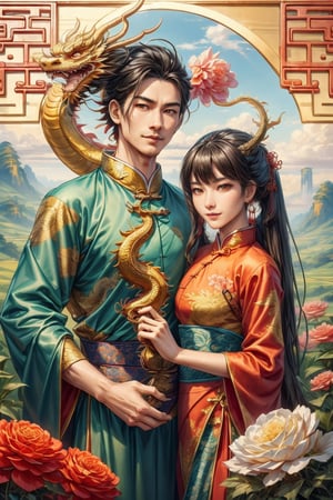 masterpiece, beautiful lighting, best quality, beautiful lighting, perfect focus, (((1 couple, holding a traditional Chinese dragon))), artic focus, perfect faces, portrait of a Chinese xianxia style meat pie couple, it's from China, they are handsome, they have a tender and pleasant smile. They are mature, they are about 30 years old, they are beautiful, they are elegant, they are a prince, they wear royal clothes in pastel and gold tones, they have Asian brown eyes, they wear a hanfu with dragon decorations, traditional clothes in red and gold tones, they wear jewelry China, the man is masculine, has long hair, the woman is feminine and has a traditional Chinese hairstyle. holds a Chinese fan, a Chinese lamp, has a fan, the man has Chinese dragon tattoos, is immortal, xianxia man hairstyle, wears xianxia makeup and has Wei Jin man style, beautiful Chinese background with flowers and plants, He is with a Chinese dragon, a cute dragon is on his shoulder, dragon background, HD, 8K, photorealism, hyper detailed, hyper realism.,Chinese dragon,firefliesfireflies