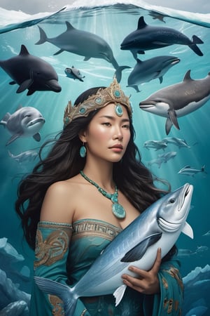 Detailed and realistic portrait of the Goddess Sedna, an Inuit traditional clothes, a central figure in Inuit mythology, looking in front of the camera, reflecting her role as the goddess of the sea and marine life. The image is to show Sedna at the bottom of the ocean, surrounded by sea creatures such as whales, seals and fish, symbolizing her control over marine resources. Sedna must be represented as an Inuit woman, with authentic features and traditional clothing adorned with fur and Inuit details. Her hair should blend into the surrounding waters, and her hands should hold a sea comb, symbolizing her ability to control marine life. The seabed should be picturesque, with cold tones that reflect the arctic environment. Lighting should highlight the beauty and mystery of the deep ocean. The color palette should include shades of blue, green and white to convey the feeling of being underwater. The image must be high resolution and have a realistic style that honors the rich Inuit mythology and their relationship with the sea. 